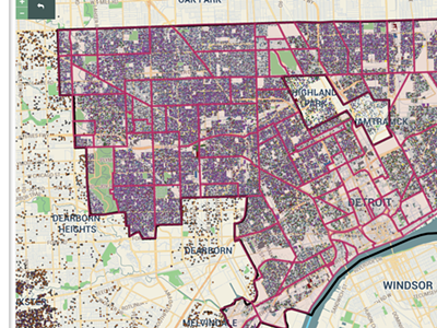 Map highlighting foreclosures in Detroit in 2015.