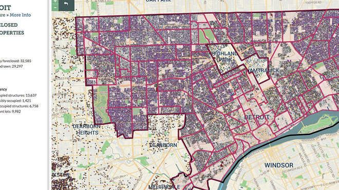 Map highlighting foreclosures in Detroit in 2015.