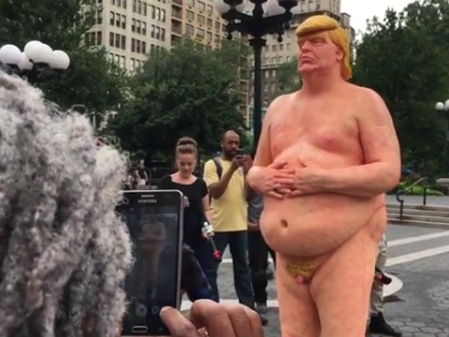Naked Trump statue in New York City by activist-art collective, INDECLINE.