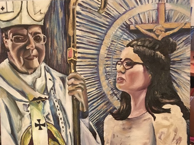 Painting of Ella Fleury's confirmation, part of "Moments: What Moments Are Acceptable to Miss?" by artist Melissa Wilson.