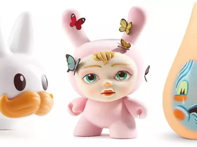 From left: Frank Kozik, White Stached Labbit, 2015. Courtesy of Kidrobot; Mab Graves, The Dreamer, 2017. Courtesy of Kidrobot; Travis Lampe, Tear Drips – Garth, 2009.