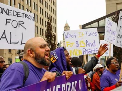 Rally in support of security guards in downtown Detroit.