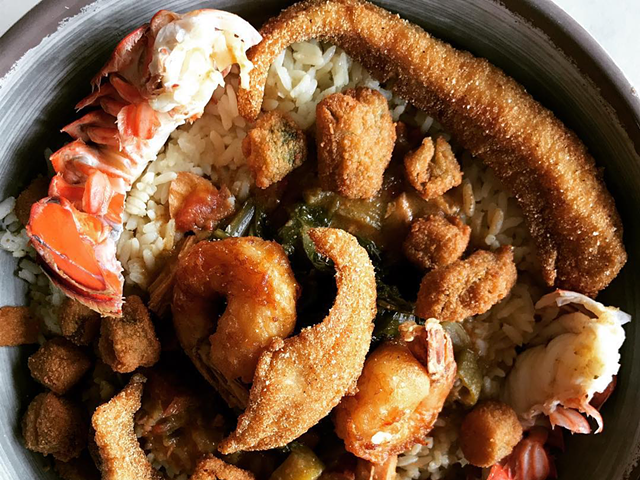 Everything but the Kitchen Sink: Lobster, shrimp, catfish, gumbo, rice, collards, and fried okra.