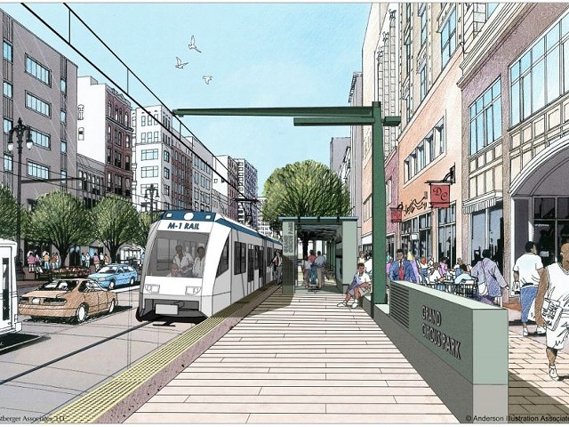 Artistic architectural renderings often idealize a city by presenting it without evidence of the struggles that make cities interesting in the first place. (This rendering was produced for M-1 Rail)