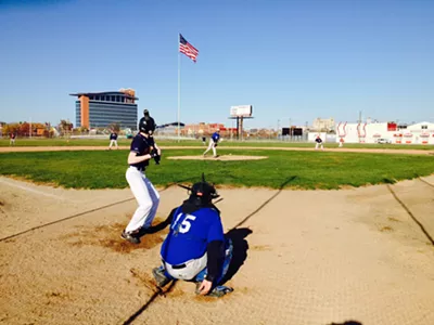 Nate Moore pitches in a Men's Senior Baseball League game Sunday, Nov. 8, at Navin Field, site of historic Tiger Stadium.