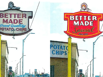 The original sign is on the left, the new one will look like this rendering on the right