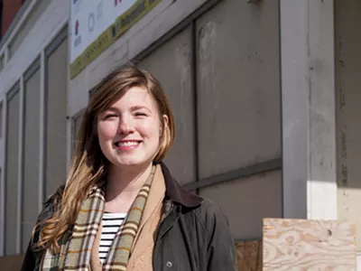 Lucy Peters at the under renovation, future home of Wilda's at the corner of West Grand and Woodward.