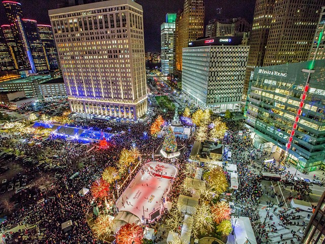 An aerial view of Campus Martius Park during Christmastime.