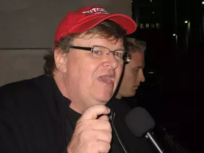 Image: Did Michael Moore unwittingly attend an anti-Trump rally allegedly organized by Russians?