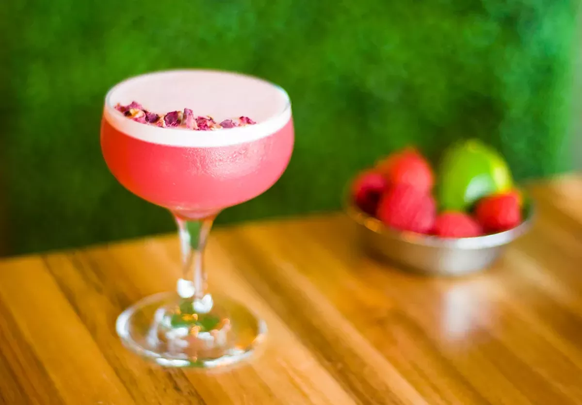 Image: Sakura from Greenspace Cafe, with house-made berry vodka, nigori sake, raspberry shrub, fresh lime, and aquafaba.