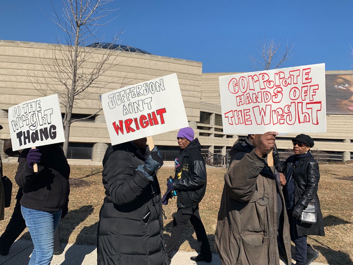 Protesters outside the Charles H. Wright Museum of African American History.