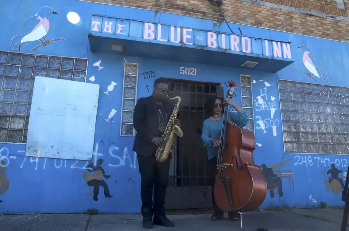 Image: De’Sean Jones and Marion Hayden performing outside of the historic Blue Bird Inn on April 24.