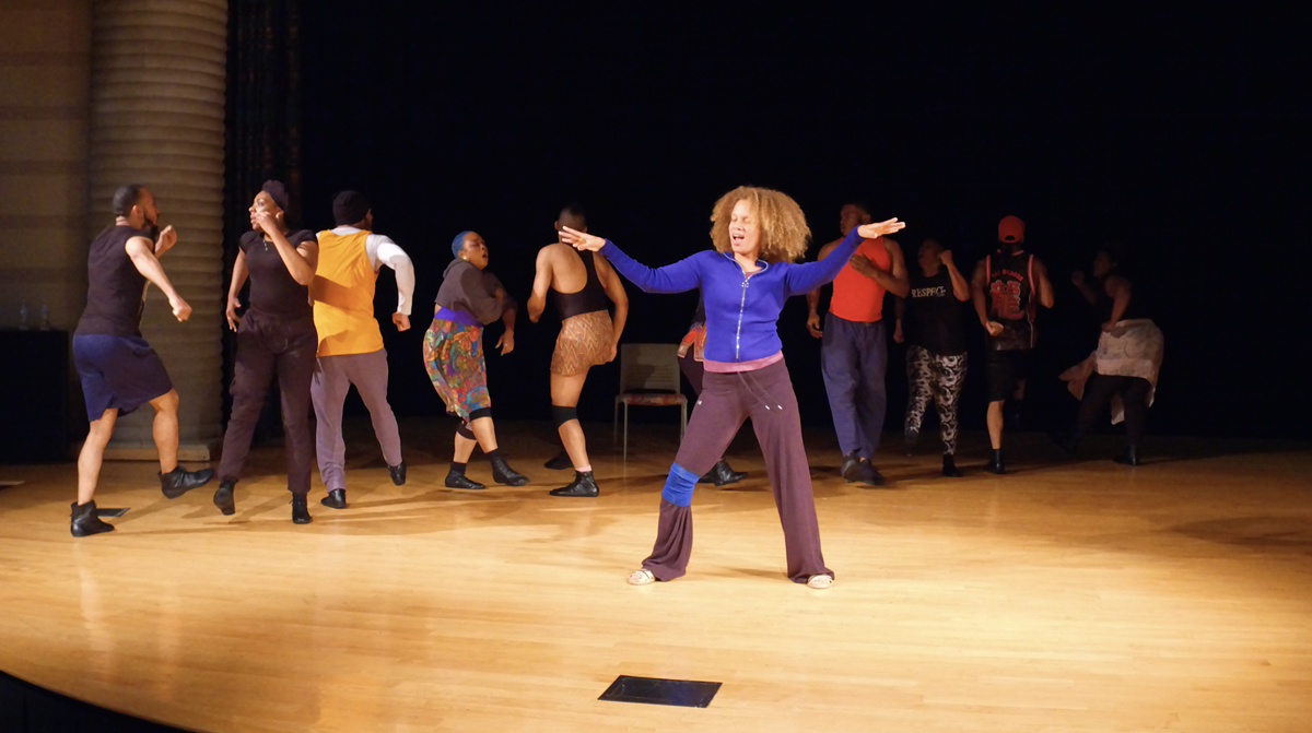 Image: Sokhna Heathyre Mabin as “Cosmic Mother” and cast at a recent rehearsal for Salt City.