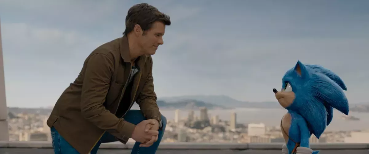 Image: James Marsden and Sonic (Ben Schwartz) in Sonic the Hedgehog.