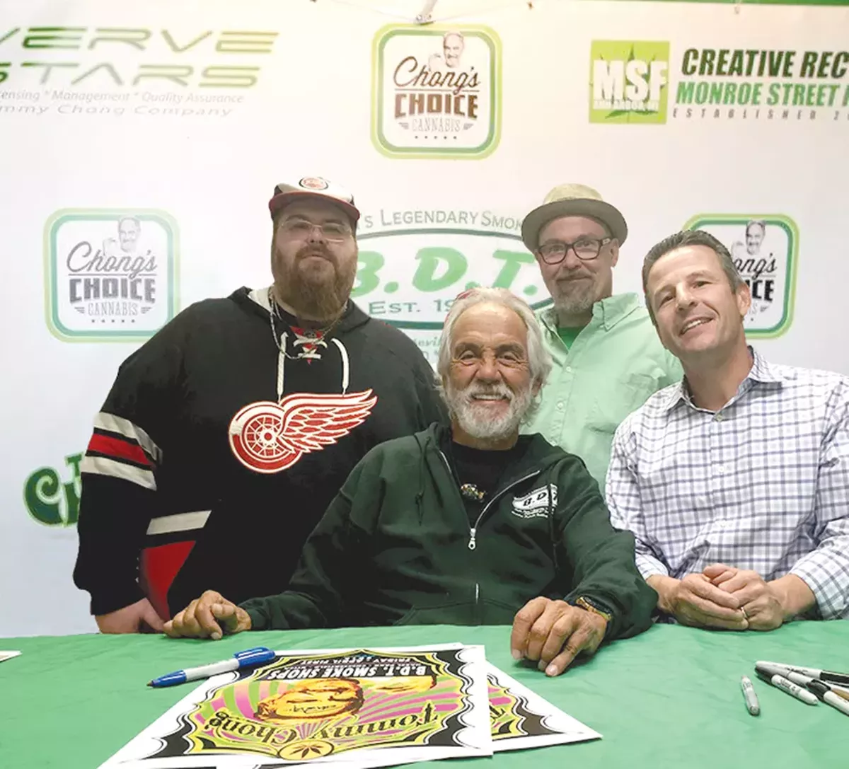 Image: n Duane Slicker, left, Charlie Strackbein, and Curtis Goure of B.D.T. Smoke Shops with comedian Tommy Chong .