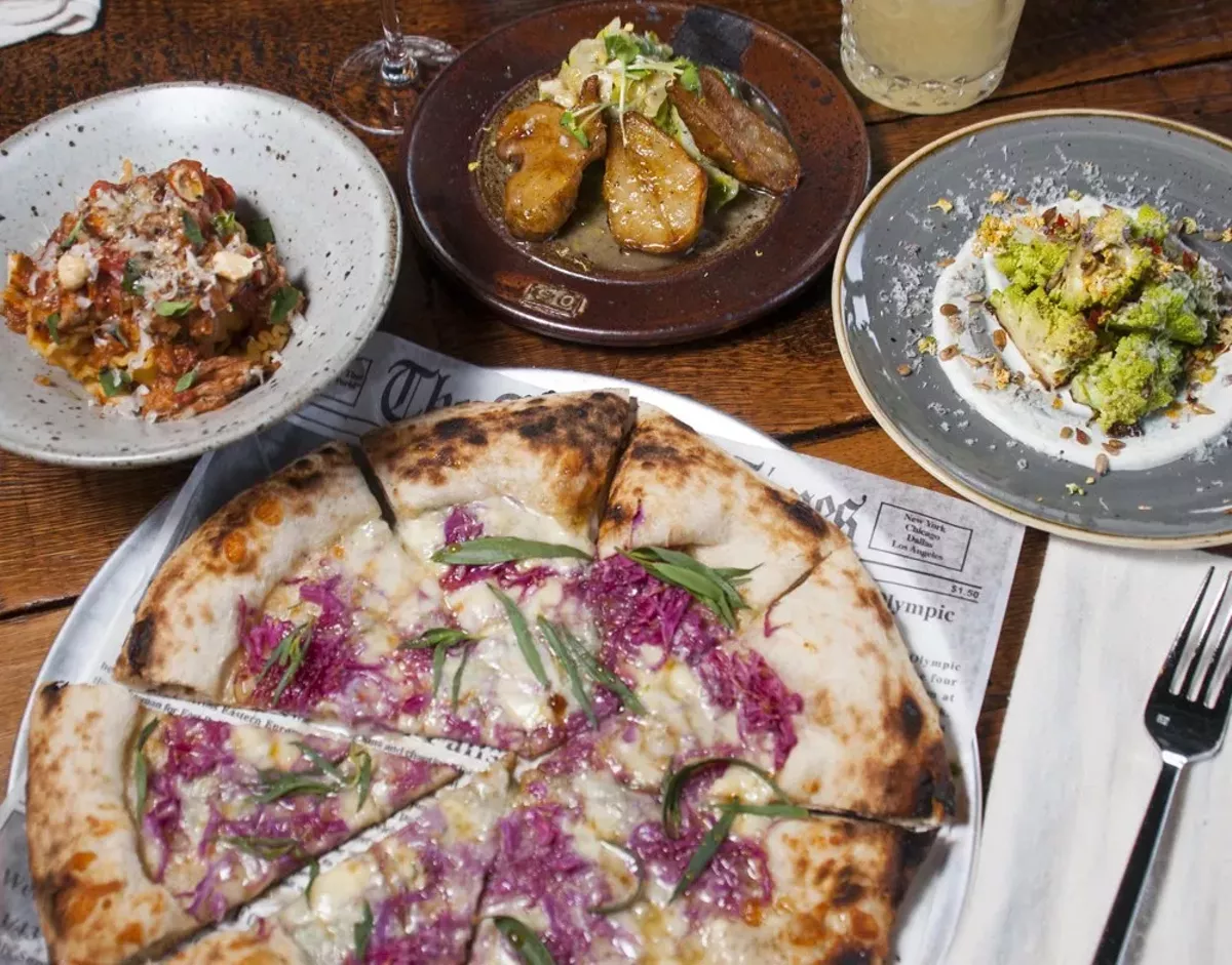 Image: Clockwise, from left: mafalde, Jerusalum artichokes, romanesco, and agro dolce pizza.