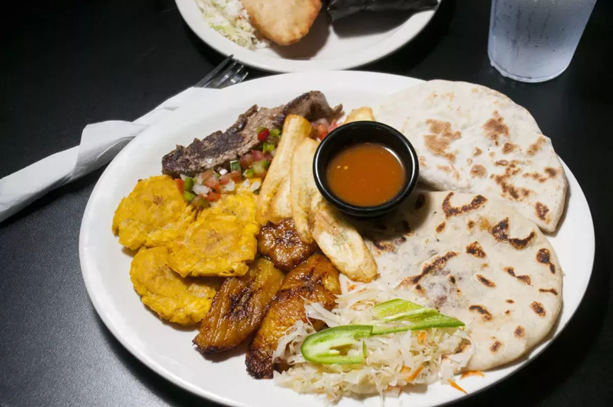 Image: Pupusa, baleada, carne asada, tostones, platano maduro and tajadas.