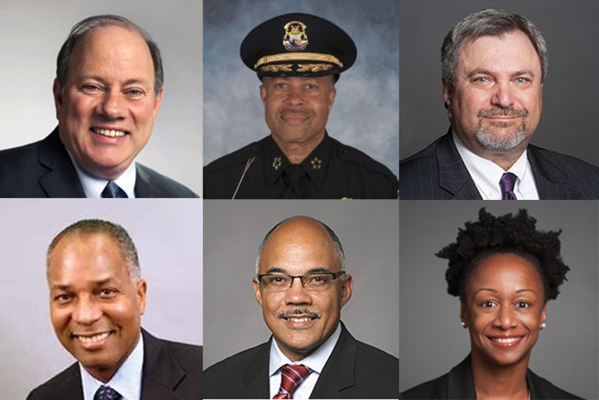 Top from left: Mayor Mike Duggan, police chief James Craig, group executive of operations David Manardo.
Bottom from left: Chief financial officer John Hill, Detroit Water and Sewerage Department director Gary Brown, and Health Department executive director Joneigh Khaldun.