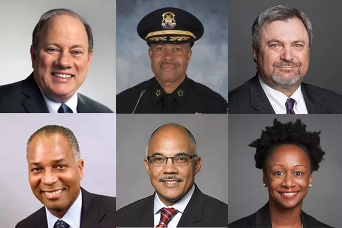 Image: Top from left: Mayor Mike Duggan, police chief James Craig, group executive of operations David Manardo. Bottom from left: Chief financial officer John Hill, Detroit Water and Sewerage Department director Gary Brown, and Health Department executive director Joneigh Khaldun.