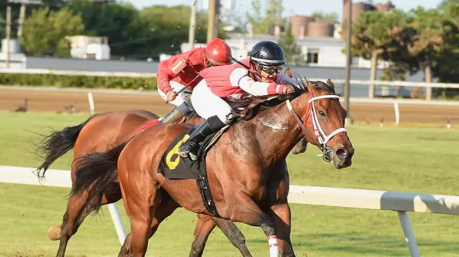 Champion jockey Melissa Zajac charges down the stretch during a race at Hazel Park Raceway.