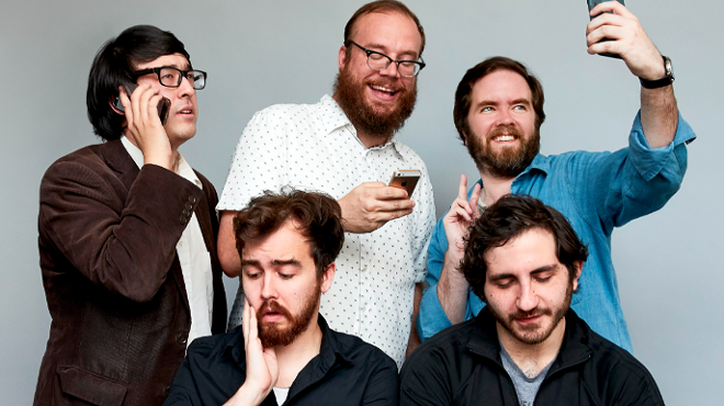 The gentlemen of Chapo Trap House. Clockwise from top left: Virgil Texas, Matt Christman, Will Menaker, Felix Biederman, and producer Brendan James. Not pictured: Amber A'lee Frost.