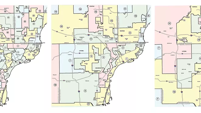 Gerrymandering at work — from left: Metro Detroit's State House Districts, State Senate Districts, and United States Congressional Districts.