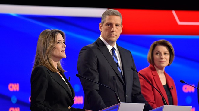 Marianne Williamson puts a hex on America while Tim Ryan and Amy Klobuchar look on.