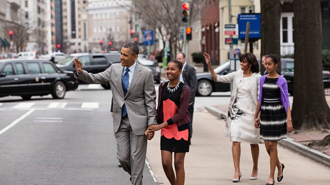 President Barack Obama and First Lady Michelle Obama walk with their daughters Sasha and Malia, right, to attend an Easter service at St. John's Church in Washington, D.C., Sunday, March 31, 2013. (Official White House Photo by Pete Souza)