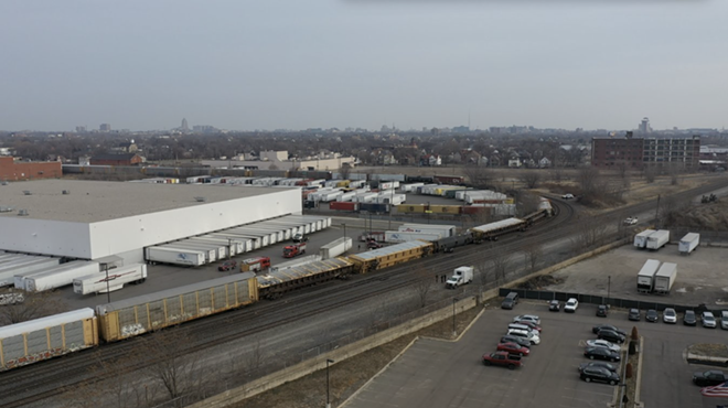 Photo of a derailed train in Southwest Detroit taken from the offices of the Ideal Group.