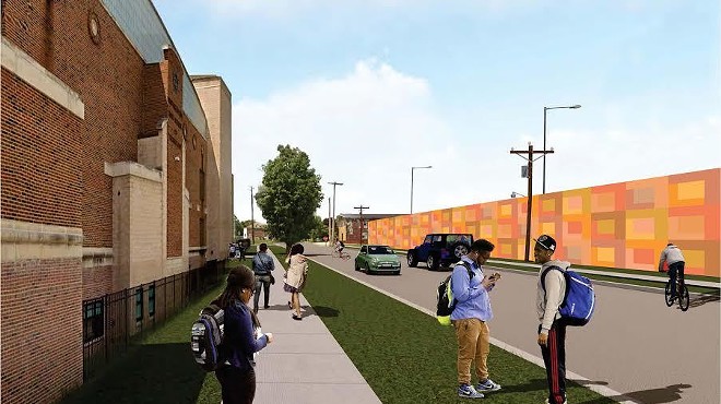 Rendering of the new art installation (right), with Southeastern High School across the street (left).