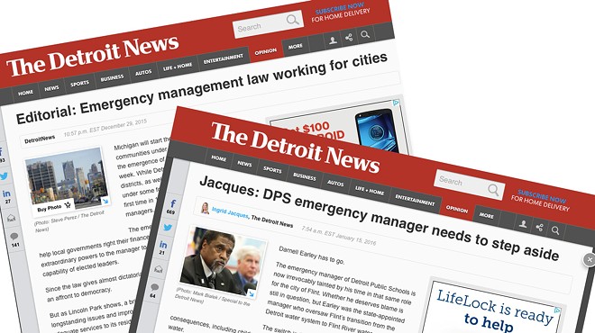 The Detroit News is giving us whiplash with conflicting columns about emergency managers
