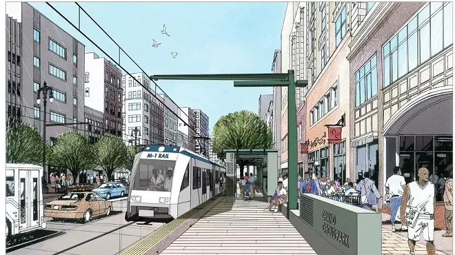 Artistic architectural renderings often idealize a city by presenting it without evidence of the struggles that make cities interesting in the first place. (This rendering was produced for M-1 Rail)