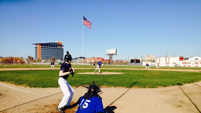 Nate Moore pitches in a Men's Senior Baseball League game Sunday, Nov. 8, at Navin Field, site of historic Tiger Stadium.