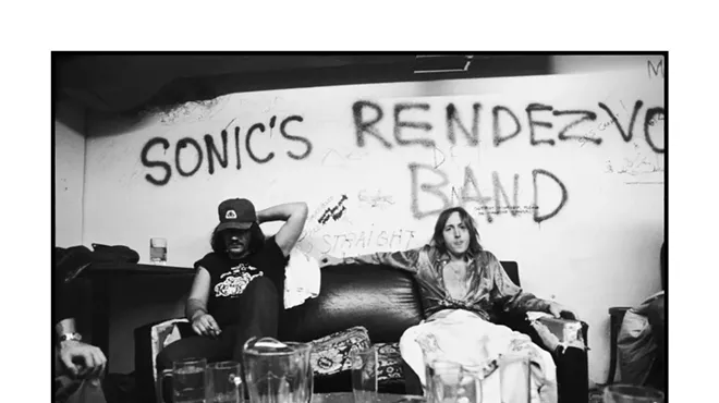 Scott "Rock Action" Asheton and Scott Morgan of Sonic's Rendezvous Band, backstage at the Second Chance, Ann Arbor, Michigan on August 26, 1977. Photo by Sue Rynski and courtesy of Sensitive Skin.