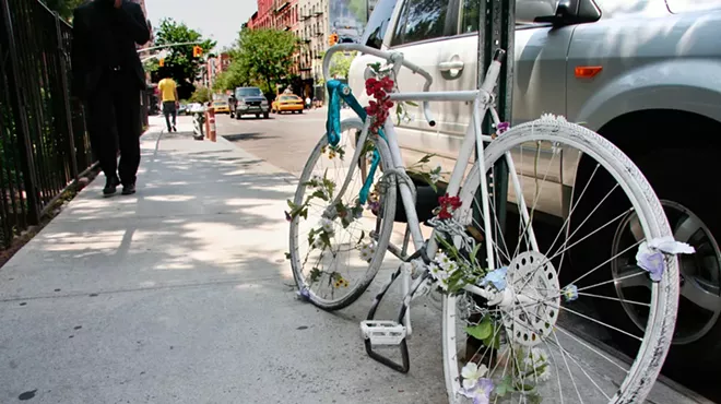 A ghost bike memorial for a killed cyclist in New York.