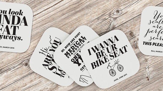 Sarey Ruden takes the weird messages she receives on online dating and turns them into coasters, left, and posters, above.
