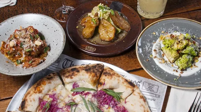 Clockwise, from left: mafalde, Jerusalum artichokes, romanesco, and agro dolce pizza.