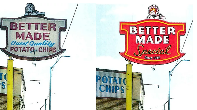 The original sign is on the left, the new one will look like this rendering on the right