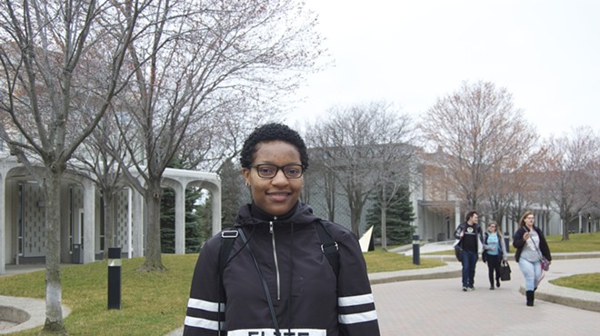 Detroit Promise scholarship recipient Ava Gaymon, 18, on the campus of Macomb County Community College.