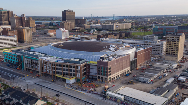 The Little Caesars Arena under construction along Woodward Avenue in Detroit.