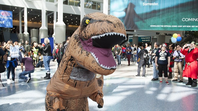 The T-Rex costume that caused a stir on MCCC's Clinton Township campus. Photo via Shutterstock.