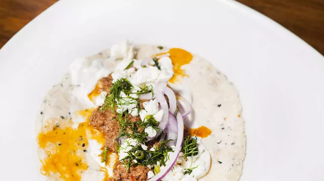 Greek taco with cinnamon lamb, feta, cucumber-garlic yogurt, dill, and Bulgarian feta.