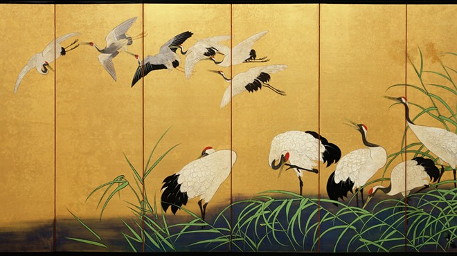 “Reeds and Cranes,” 19th century, Suzuki Kiitsu, color paint on gilded silk.