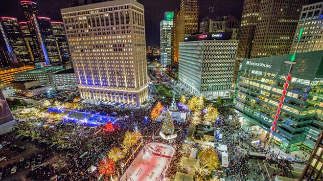 An aerial view of Campus Martius Park during Christmastime.