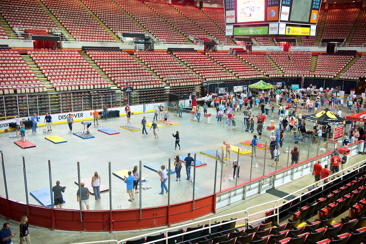 18. Throw a forward pass at bowling pins at the Hockeytown BrewHaHa Frozen Fowling Fest at Joe Louis Arena
Fowling (pronounced &#147;FOAL-ing&#148;), the unholy marriage of football and bowling concocted by Detroiters, has been taking the world by storm. While you can play a game anytime at Detroit&#146;s Fowling Warehouse, organizers have once again partnered with Olympia Entertainment to bring the sport to the Joe. Ticket-holders get to fowl on the arena floor, competing for Red Wings prizes &#151; all while sipping on local suds and sampling seasonal cuisine from Olympia Entertainment executive chef John Borso. Takes place Friday, Feb. 19, at Joe Louis Arena, 19 Steve Yzerman Dr., Detroit; 313-471-3333; fowlingwarehouse.com; tickets are $47.50; 21 and over only. Photo by Andrew Potter