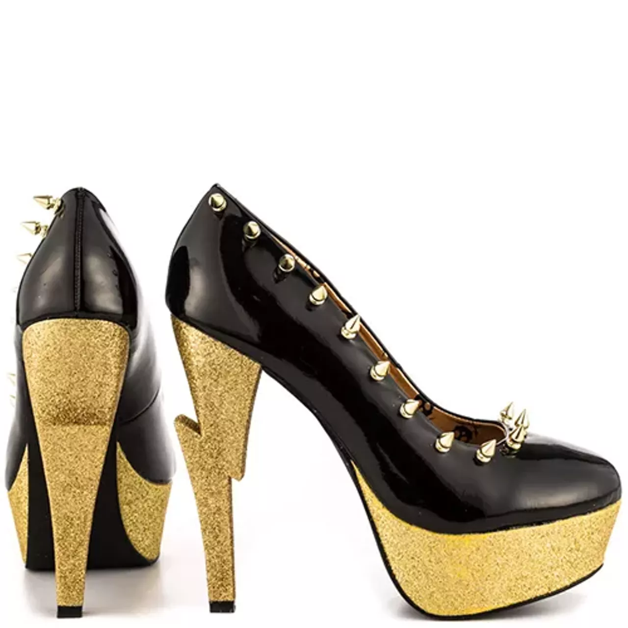 GOLD BOLT HEELS .......... Lightening bolt shaped heel in gold glitter. Shiny black upper with gold spikes along outer side and across the front toe. 5 1/2 inch heel and 1 1/2 inch platform. You wanna inflict some pain? Step on his back with these puppies!