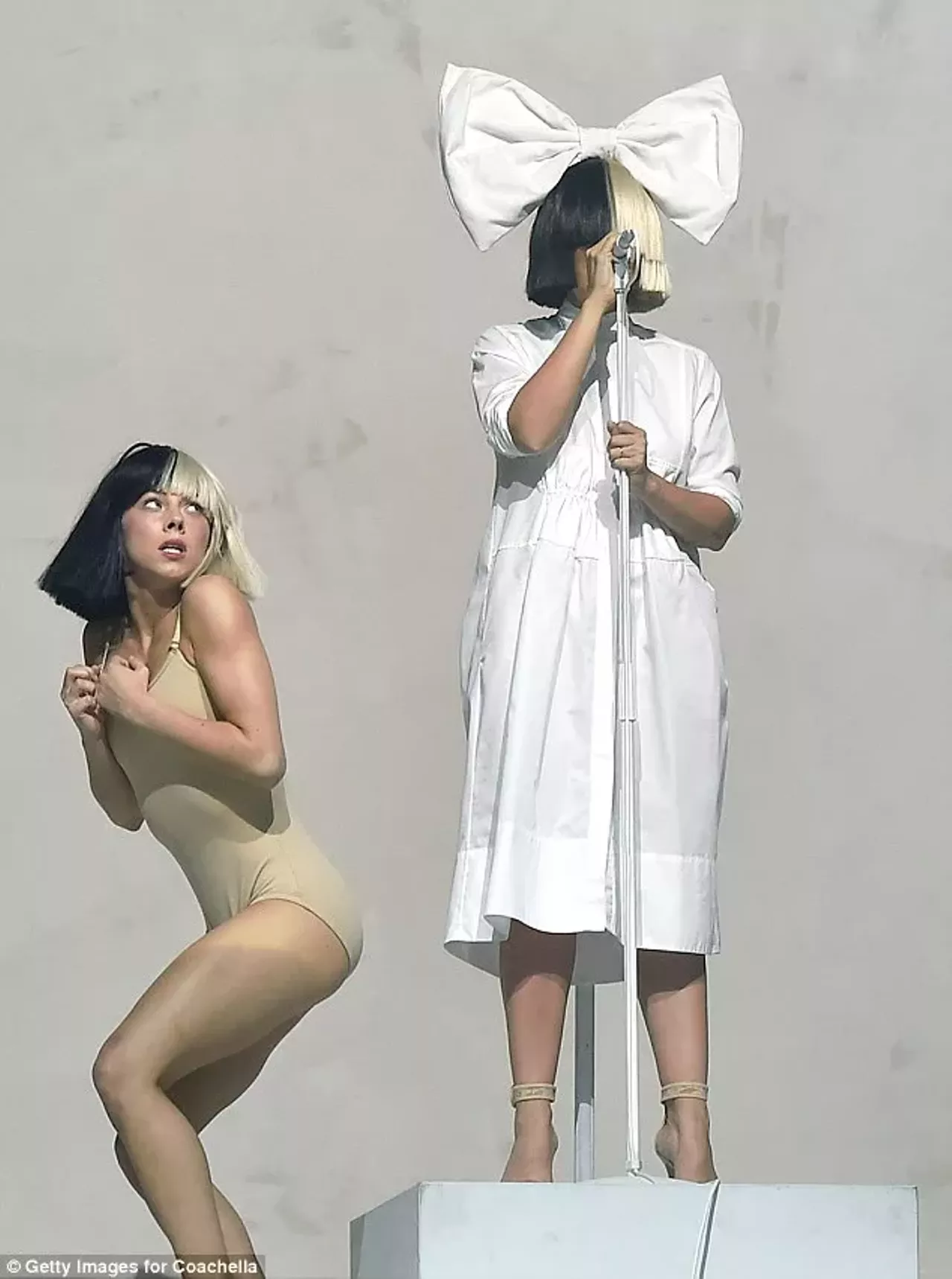 This is a great couples costume! One can be Sia and one can be Maddie. To be Sia you need a black and white wig with a big white bow, a white dress, and nude pumps. To be Maddie &#151; a black and white wig and a nude leotard. Photo courtesy of DailyMail 