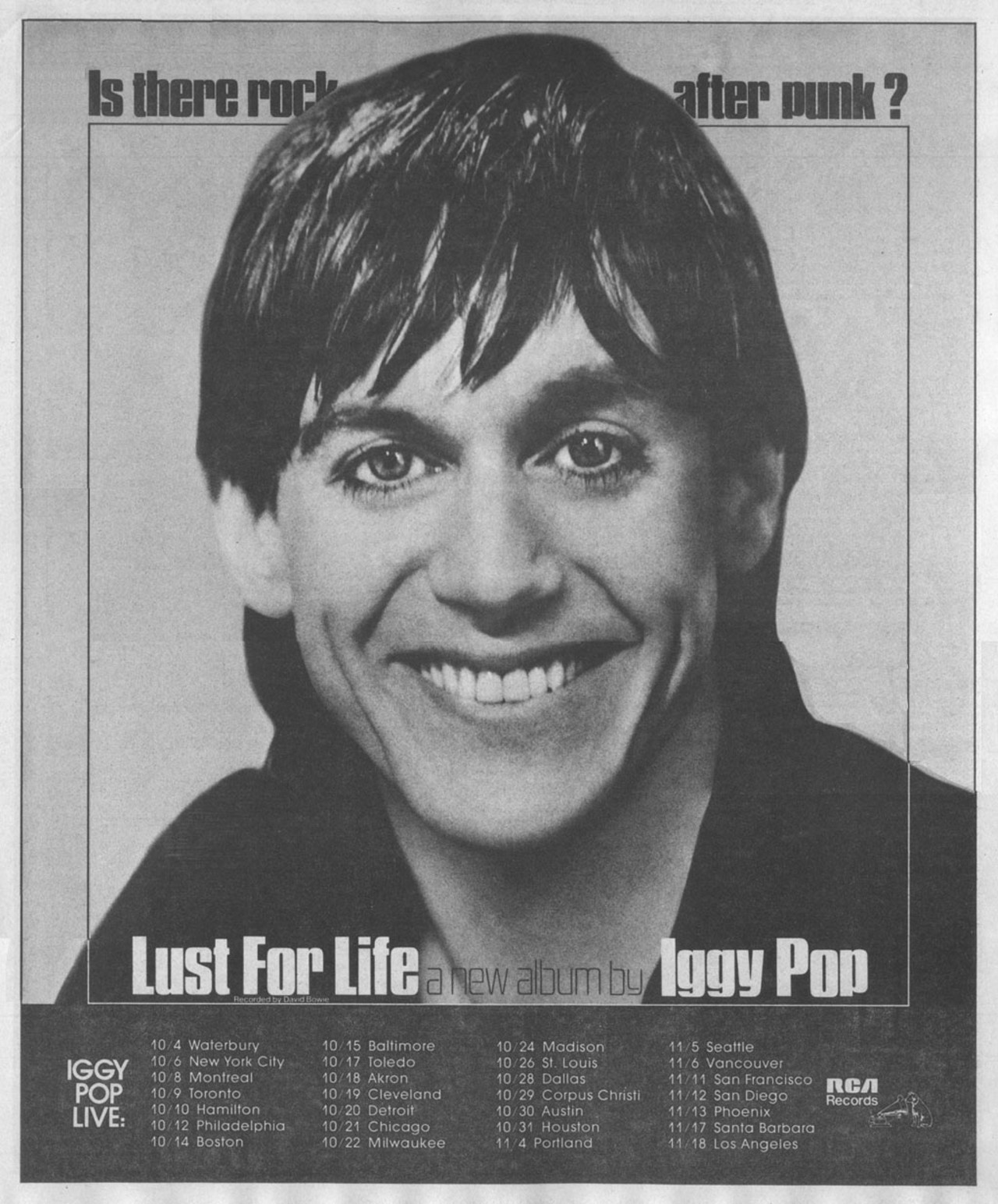 4. &#147;The Passenger&#148;	
Talk about a sing-along opportunity! If Iggy&#146;s voice is tired, he might consider playing this and just letting the audience take over.
(Photo: original advertisement for the &#145;Lust for Life&#146; tour)