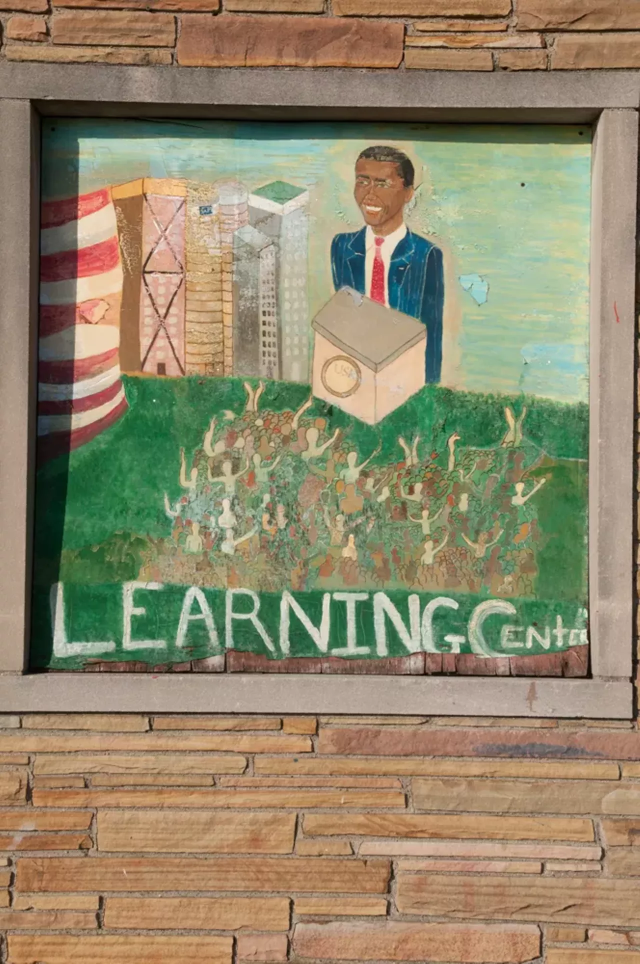 Vergara found this mural a few years ago. It adorns the Jumpstart Learning Center at West Chicago and Birwood. Mrs. Lockhard, the center&#146;s director, explained, &#147;We love Obama here.&#148; The mural was commissioned for $150 from a folk artist living in Oak Park.
