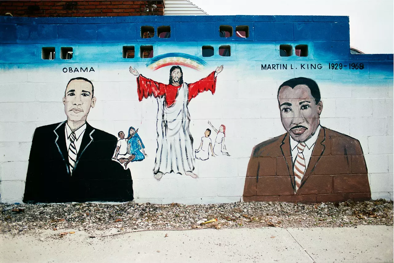 Martin Luther King Jr. and Jesus Christ both join Obama in this mural at West Montana Street and Woodward Avenue in Highland Park. Vergara shot it in 2009, and a local artist told him the mural was about "three powerful men, three men that changed the world."